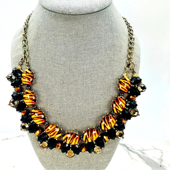Tiger Print Statement Necklace Black Gems Bold Glam Costume 15’ Plus Ext… - Picture 1 of 9